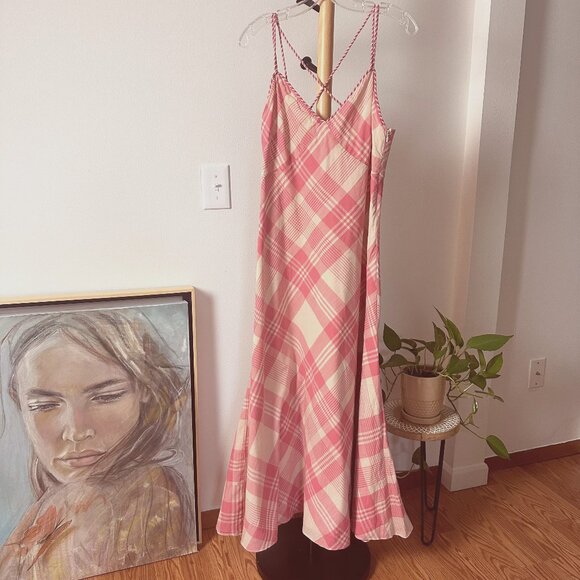 POLO by Ralph Lauren Pink & Cream Plaid Twill Cross Back Detail Maxi Dress SZ 12 - Picture 4 of 16